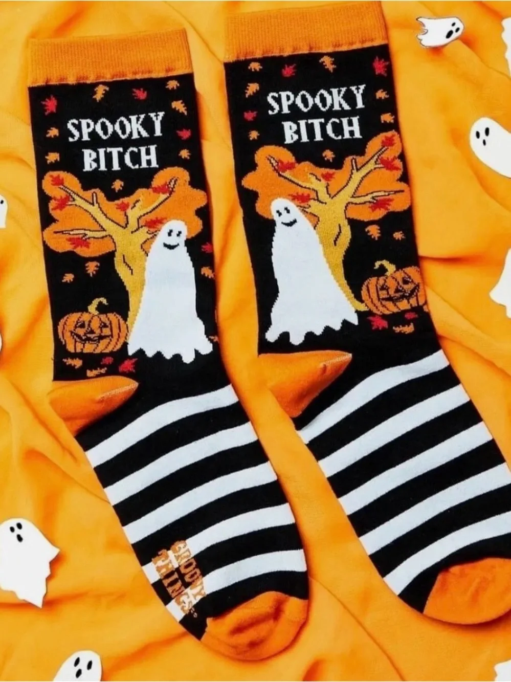 Spooky B!tch Halloween Crew Socks - Black & Orange Ghost Design